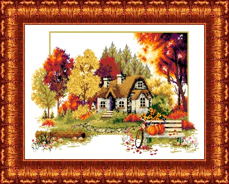КК 405 Осенний домик .Канва с нанесенным рисунком для вышивки крестом 36х49 см